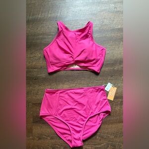 KONA SOL hot pink 2-piece swimsuit tankini high-waisted twist-knot sz L NWT swim